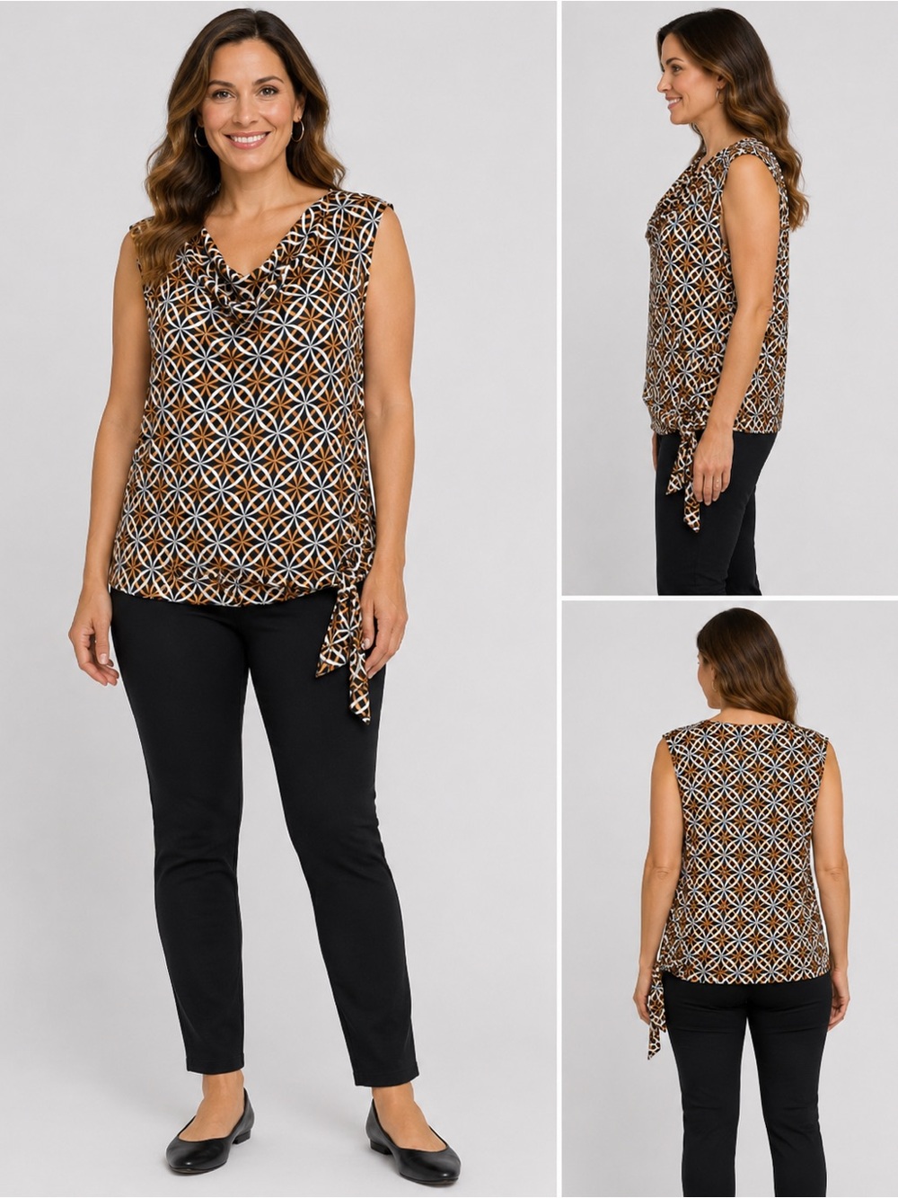 Sleeveless Geometric Print Cowl Neck Top in Brown